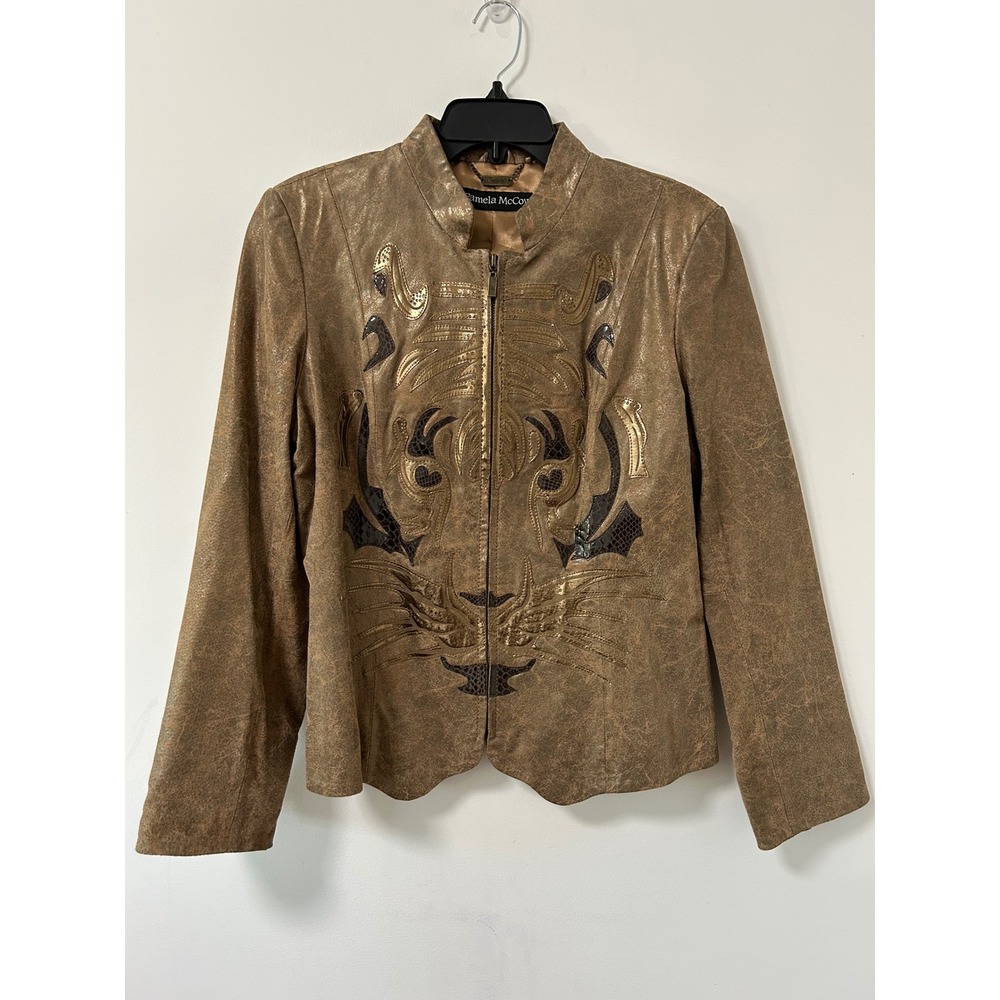Pamela McCoy Couture Tiger Leather Jacket Men Medium Bronze Maximalist